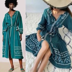 Zara Embroidered Midi Kaftan Dress Women's Size XS Bohemian Pullover Teal